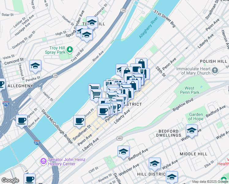 map of restaurants, bars, coffee shops, grocery stores, and more near 2404 Railroad Street in Pittsburgh