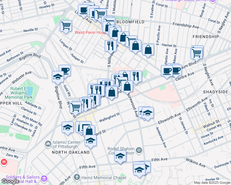 map of restaurants, bars, coffee shops, grocery stores, and more near 760 Broughton Street in Pittsburgh