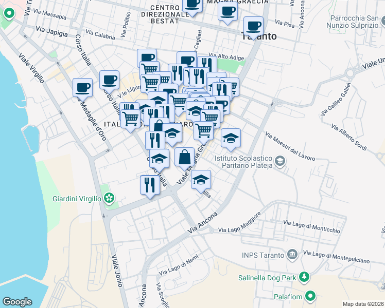 map of restaurants, bars, coffee shops, grocery stores, and more near 339 Viale Magna Grecia in Taranto