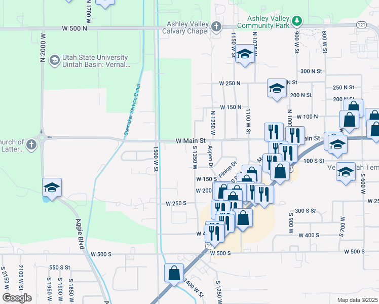map of restaurants, bars, coffee shops, grocery stores, and more near 24 South 1350 West in Vernal