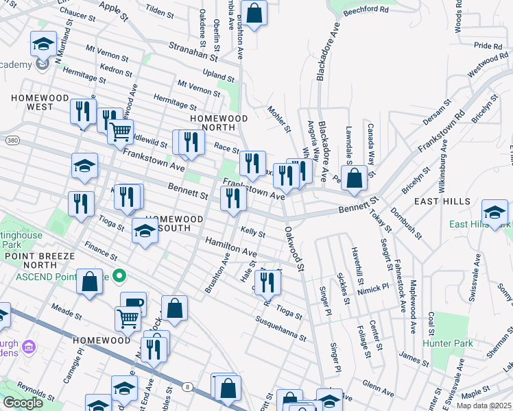 map of restaurants, bars, coffee shops, grocery stores, and more near 7730 Frankstown Avenue in Pittsburgh