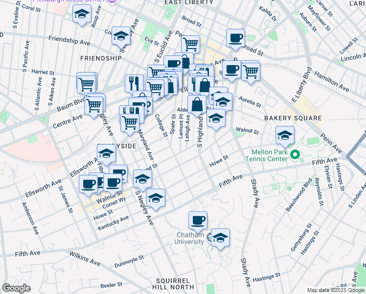 map of restaurants, bars, coffee shops, grocery stores, and more near 375 Spahr Street in Pittsburgh