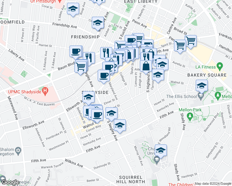 map of restaurants, bars, coffee shops, grocery stores, and more near 5824 Holden Street in Pittsburgh