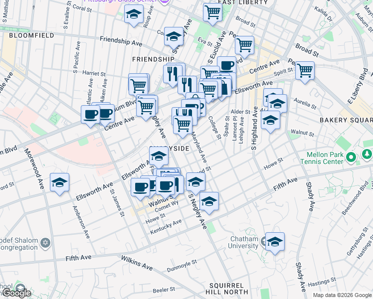 map of restaurants, bars, coffee shops, grocery stores, and more near 642 Maryland Avenue in Pittsburgh