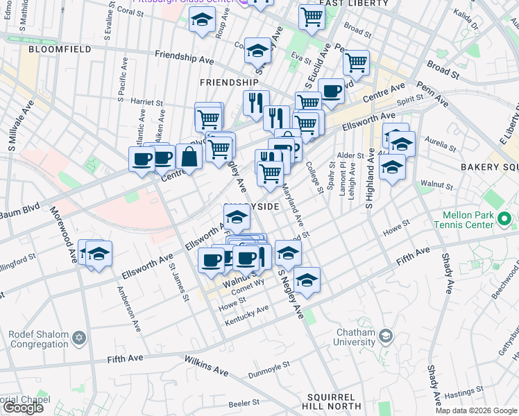 map of restaurants, bars, coffee shops, grocery stores, and more near in Pittsburgh
