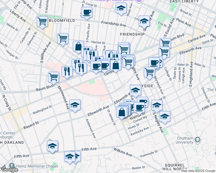 map of restaurants, bars, coffee shops, grocery stores, and more near 529 South Aiken Avenue in Pittsburgh