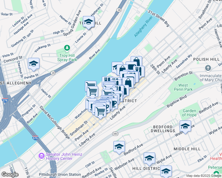 map of restaurants, bars, coffee shops, grocery stores, and more near 2404 Railroad Street in Pittsburgh