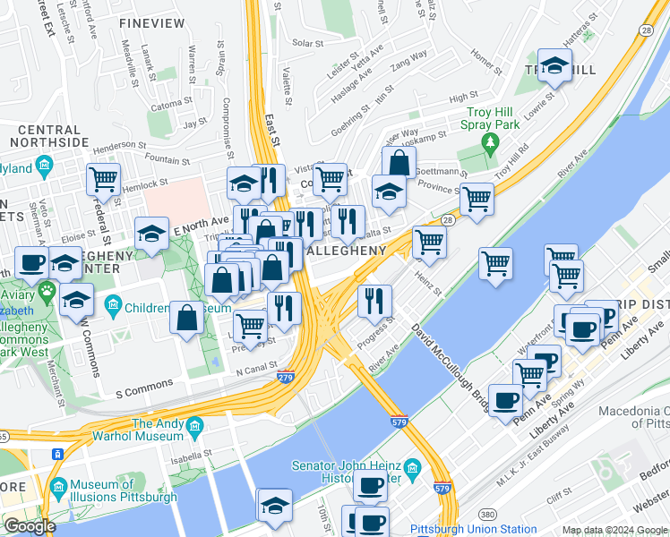 map of restaurants, bars, coffee shops, grocery stores, and more near in Pittsburgh