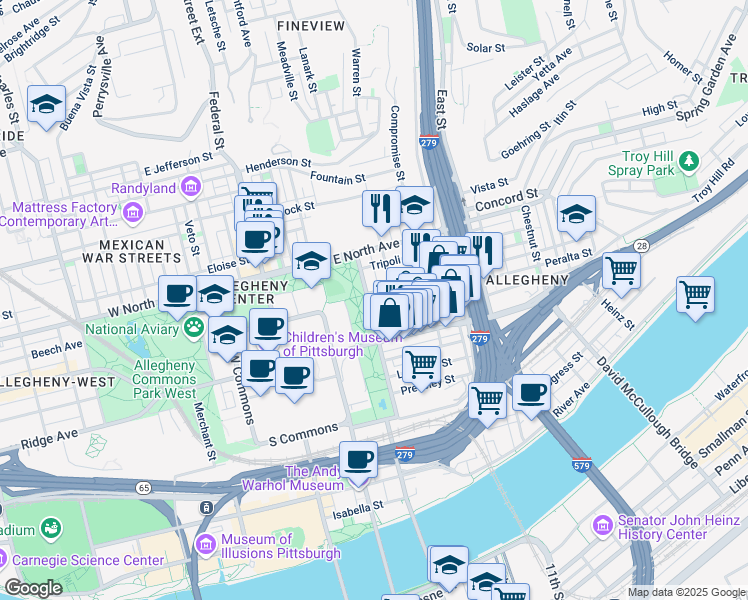 map of restaurants, bars, coffee shops, grocery stores, and more near in Pittsburgh