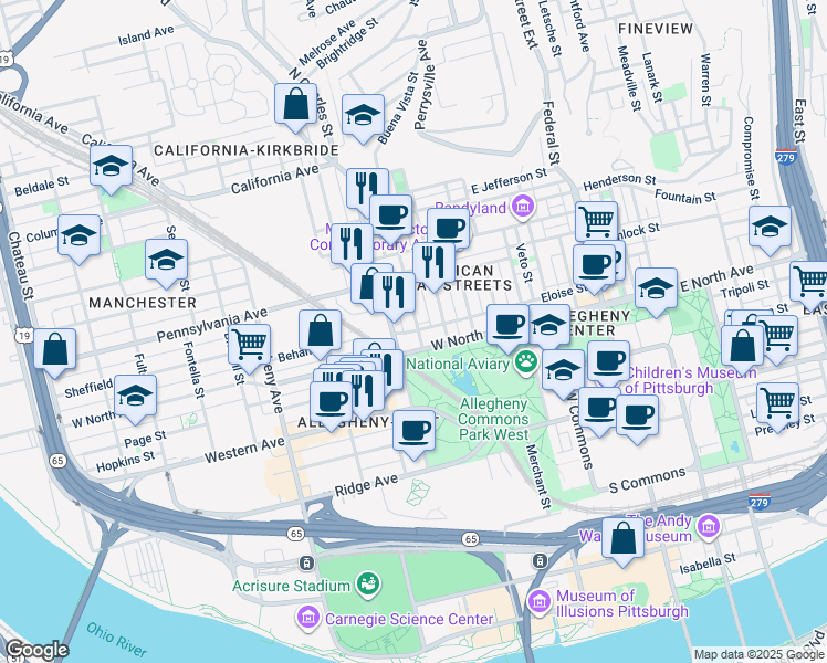 map of restaurants, bars, coffee shops, grocery stores, and more near 1218 Drovers Way in Pittsburgh