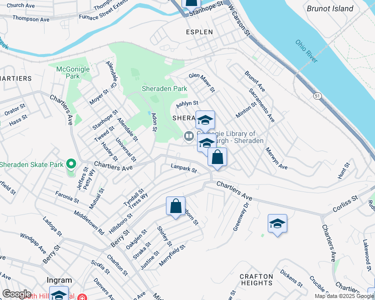 map of restaurants, bars, coffee shops, grocery stores, and more near 725 Sherwood Avenue in Pittsburgh