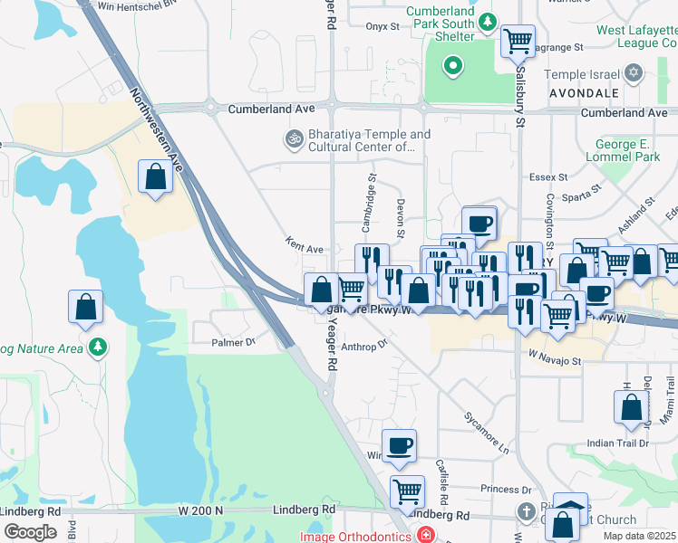 map of restaurants, bars, coffee shops, grocery stores, and more near 2611 Cambridge Street in West Lafayette