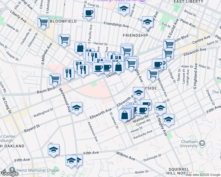 map of restaurants, bars, coffee shops, grocery stores, and more near 529 South Aiken Avenue in Pittsburgh