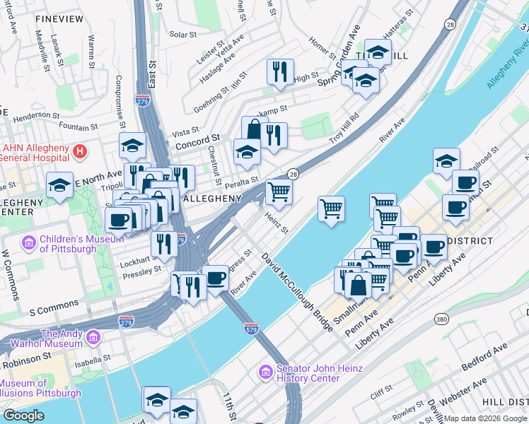 map of restaurants, bars, coffee shops, grocery stores, and more near South Canal Street in Pittsburgh