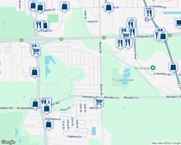 map of restaurants, bars, coffee shops, grocery stores, and more near 1144 11th Street in Bloomington