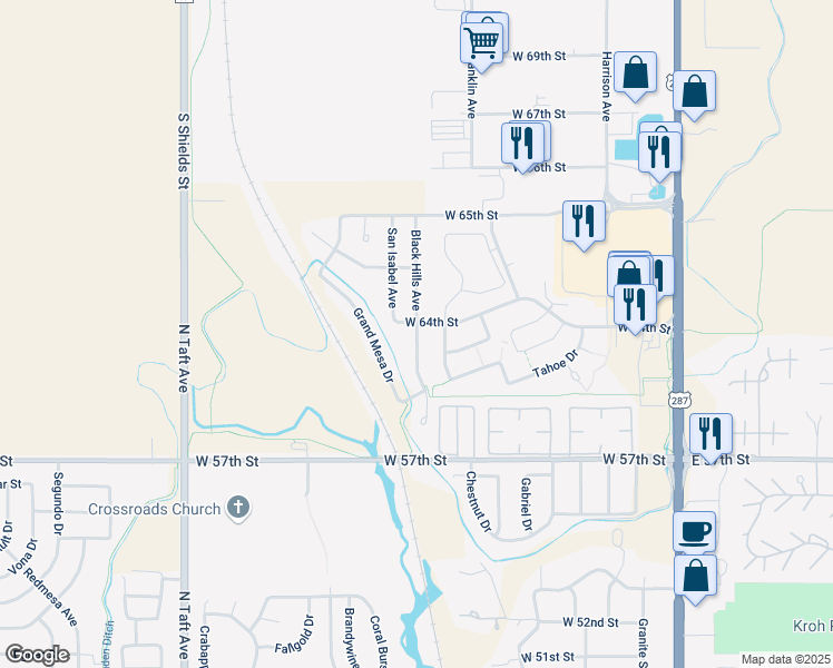 map of restaurants, bars, coffee shops, grocery stores, and more near 6499 Black Hills Avenue in Loveland