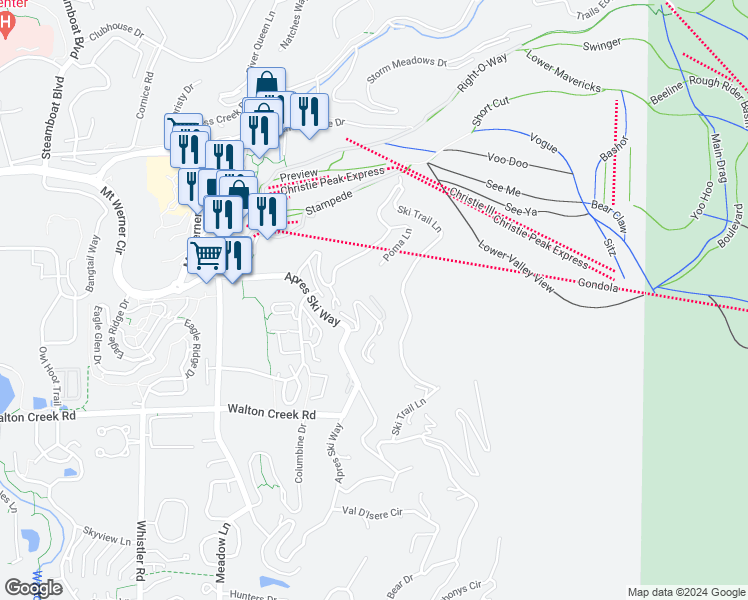 map of restaurants, bars, coffee shops, grocery stores, and more near 2590 Longthong Road in Steamboat Springs