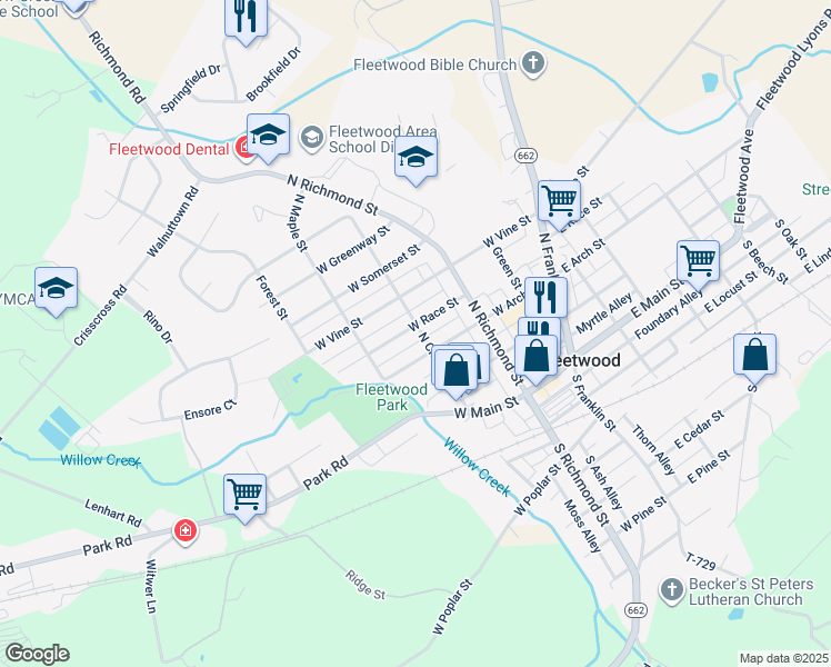 map of restaurants, bars, coffee shops, grocery stores, and more near 300 West Race Street in Fleetwood