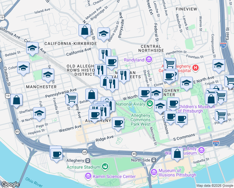 map of restaurants, bars, coffee shops, grocery stores, and more near 1218 Drovers Way in Pittsburgh