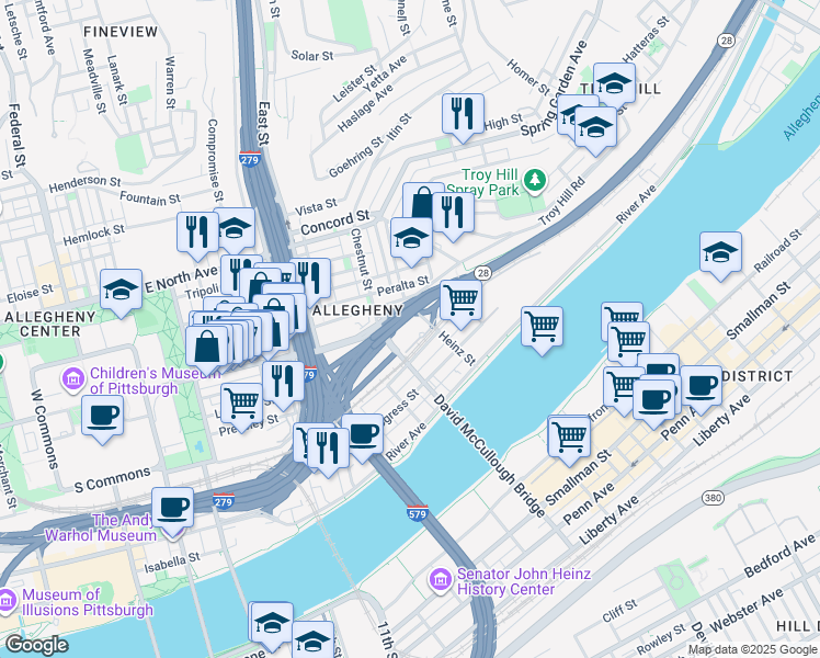 map of restaurants, bars, coffee shops, grocery stores, and more near 1 Heinz Street in Pittsburgh