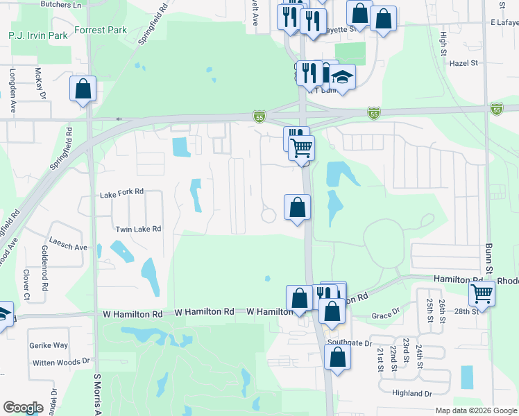 map of restaurants, bars, coffee shops, grocery stores, and more near 2001 Tracy Drive in Bloomington