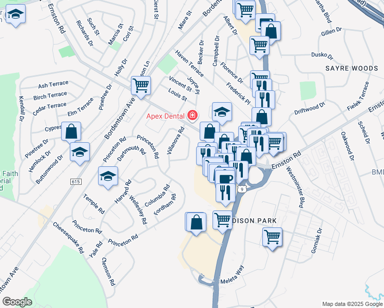 map of restaurants, bars, coffee shops, grocery stores, and more near 16 Dana Estates Drive in Old Bridge