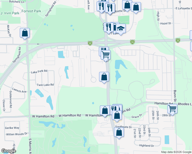 map of restaurants, bars, coffee shops, grocery stores, and more near 2004 Tracy Drive in Bloomington