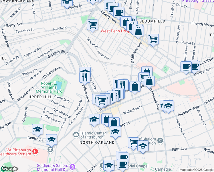 map of restaurants, bars, coffee shops, grocery stores, and more near 4653 Baum Boulevard in Pittsburgh