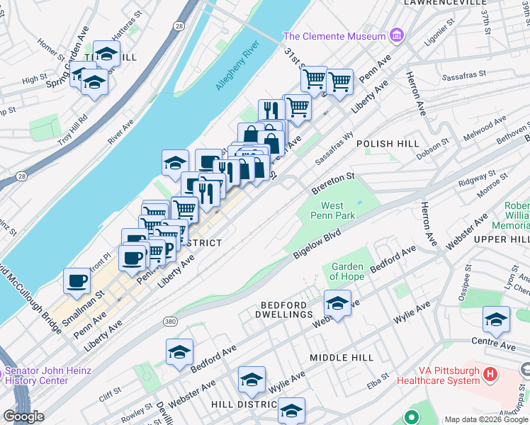 map of restaurants, bars, coffee shops, grocery stores, and more near 2600 Liberty Ave in Pittsburgh