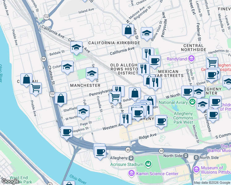 map of restaurants, bars, coffee shops, grocery stores, and more near 1315 Allegheny Avenue in Pittsburgh