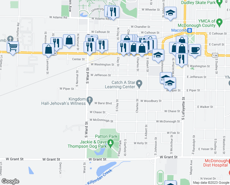 map of restaurants, bars, coffee shops, grocery stores, and more near 406 South Clay Street in Macomb