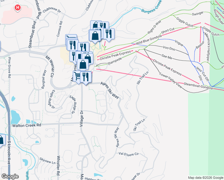 map of restaurants, bars, coffee shops, grocery stores, and more near 2490 Apres Ski Way in Steamboat Springs