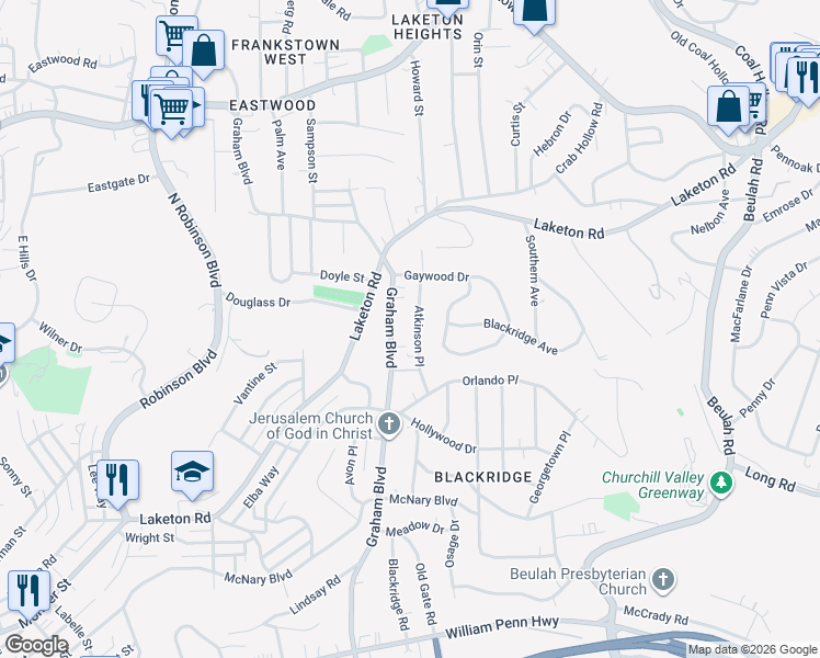 map of restaurants, bars, coffee shops, grocery stores, and more near 1842 Graham Boulevard in Pittsburgh