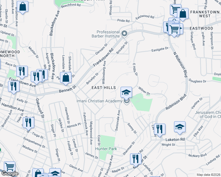 map of restaurants, bars, coffee shops, grocery stores, and more near 2335 Park Hill Drive in Pittsburgh