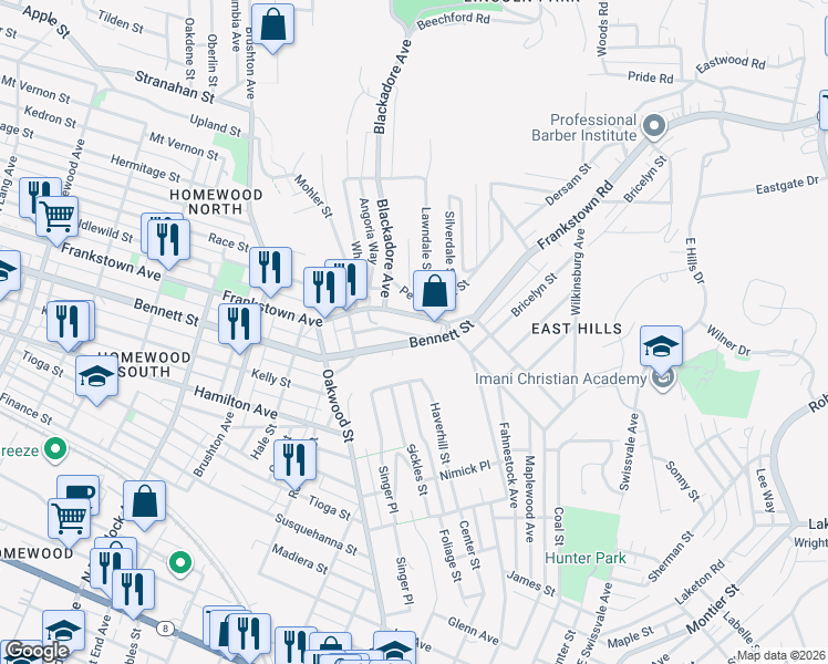 map of restaurants, bars, coffee shops, grocery stores, and more near 8122 Frankstown Avenue in Pittsburgh