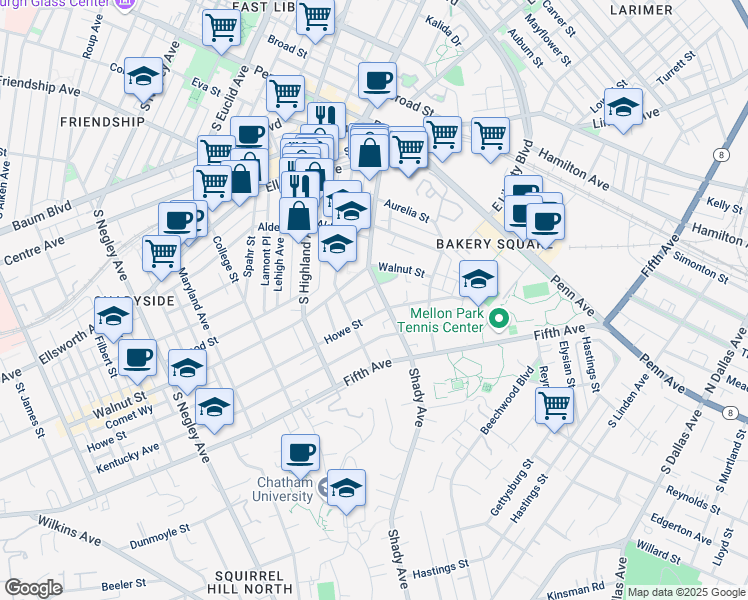 map of restaurants, bars, coffee shops, grocery stores, and more near 6214 Walnut Street in Pittsburgh