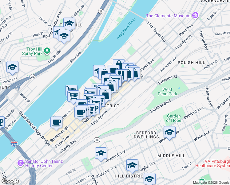 map of restaurants, bars, coffee shops, grocery stores, and more near 26 Penn Avenue in Pittsburgh