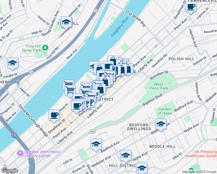 map of restaurants, bars, coffee shops, grocery stores, and more near 26 Penn Avenue in Pittsburgh
