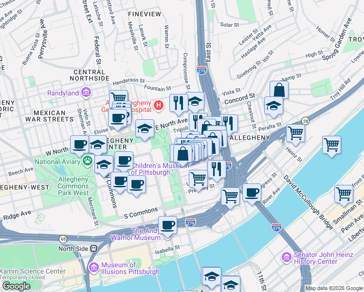 map of restaurants, bars, coffee shops, grocery stores, and more near 820 James Street in Pittsburgh
