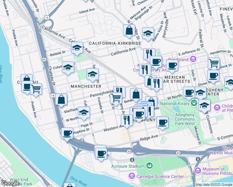 map of restaurants, bars, coffee shops, grocery stores, and more near in Pittsburgh