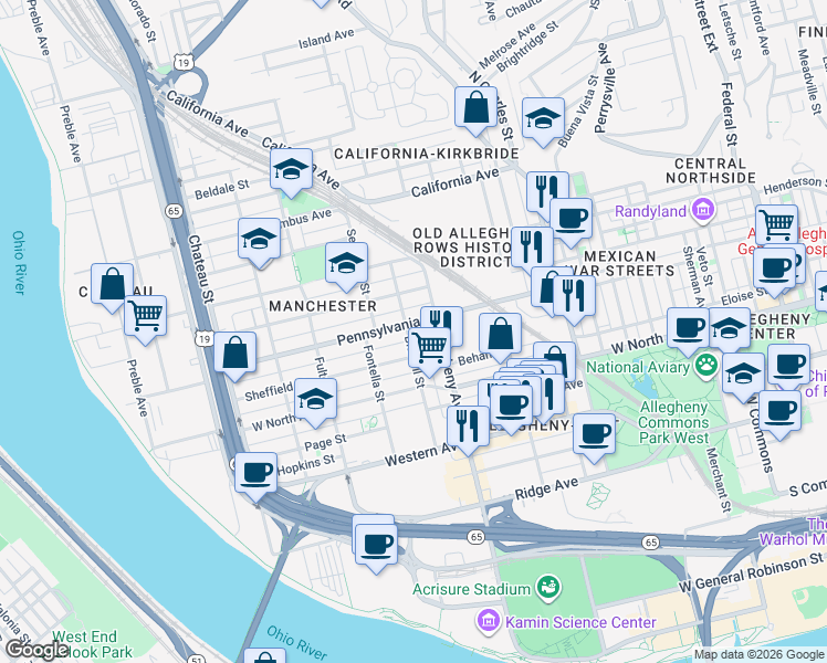map of restaurants, bars, coffee shops, grocery stores, and more near in Pittsburgh