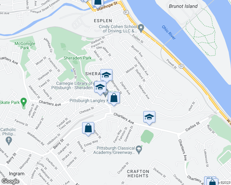 map of restaurants, bars, coffee shops, grocery stores, and more near 2827 Bergman Street in Pittsburgh