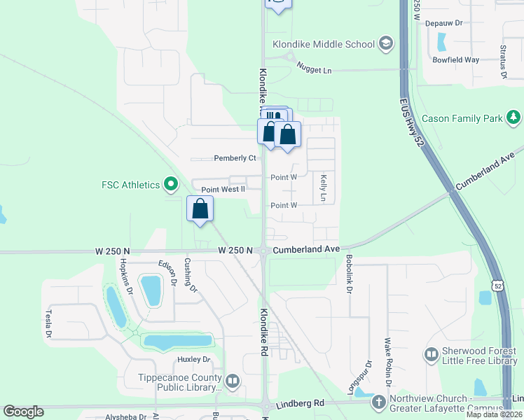 map of restaurants, bars, coffee shops, grocery stores, and more near 2564-2590 Klondike Road in West Lafayette