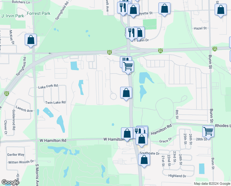 map of restaurants, bars, coffee shops, grocery stores, and more near 2004 Tracy Drive in Bloomington