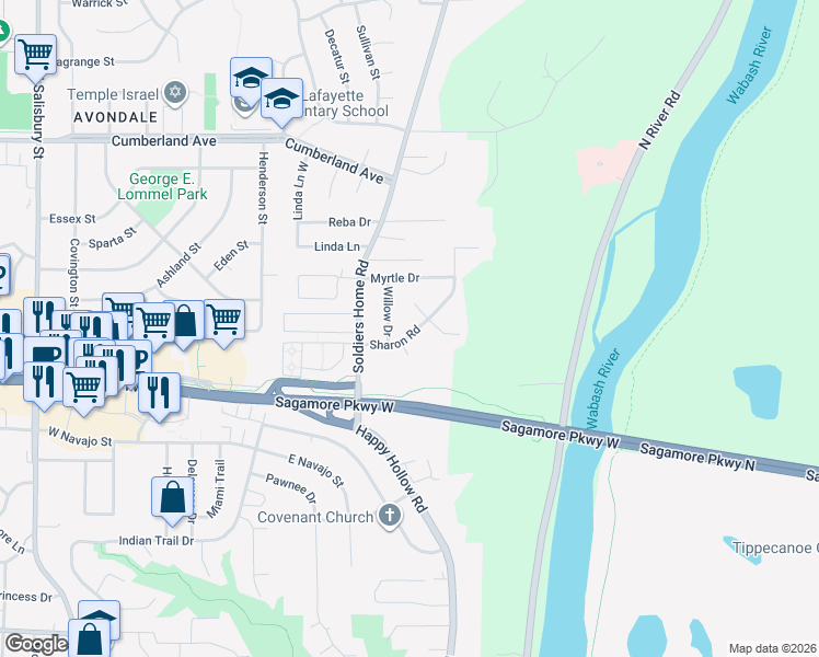 map of restaurants, bars, coffee shops, grocery stores, and more near 226 Sharon Road in West Lafayette