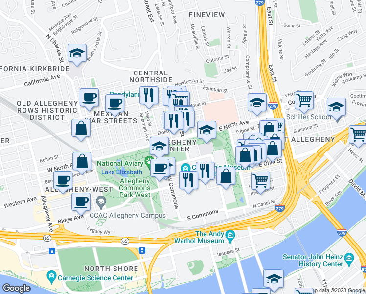 map of restaurants, bars, coffee shops, grocery stores, and more near 810 Arch Street in Pittsburgh