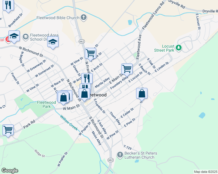 map of restaurants, bars, coffee shops, grocery stores, and more near 106 East Main Street in Fleetwood
