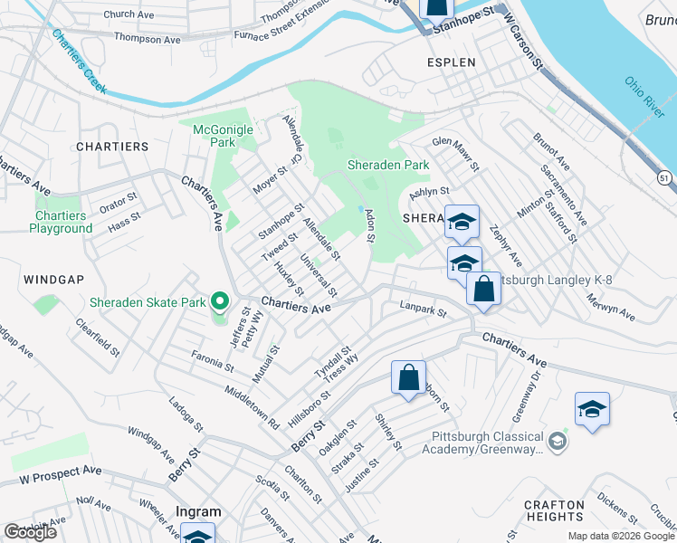 map of restaurants, bars, coffee shops, grocery stores, and more near 1008 Sutherland Street in Pittsburgh