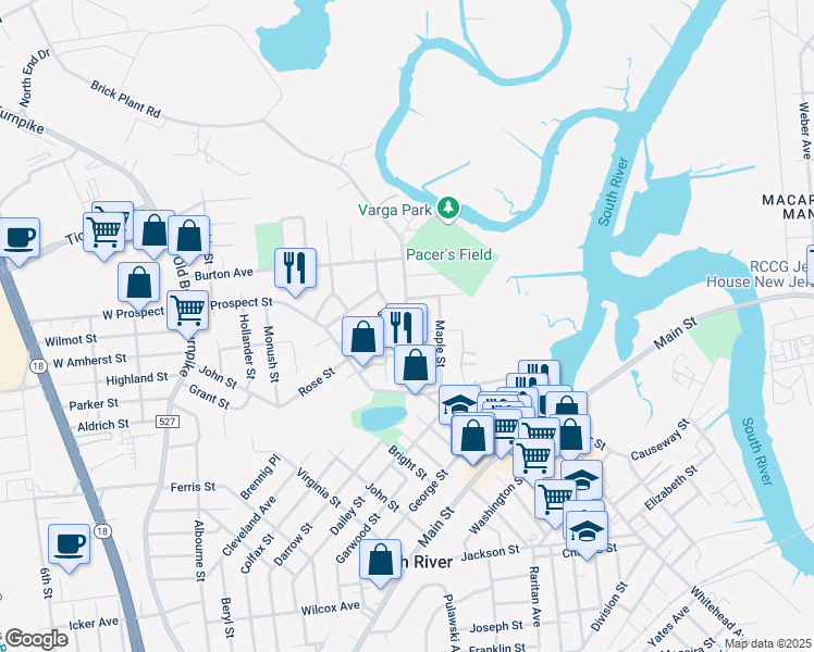 map of restaurants, bars, coffee shops, grocery stores, and more near 40 William Street in South River