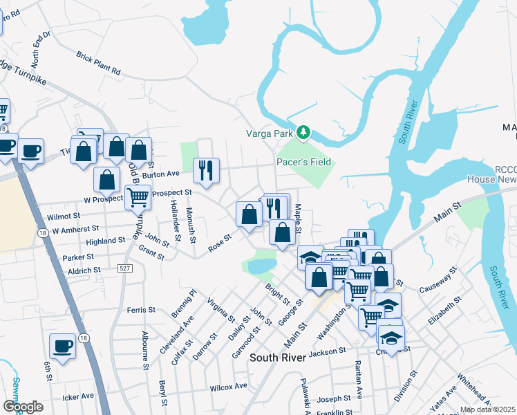map of restaurants, bars, coffee shops, grocery stores, and more near 27 June Street in South River